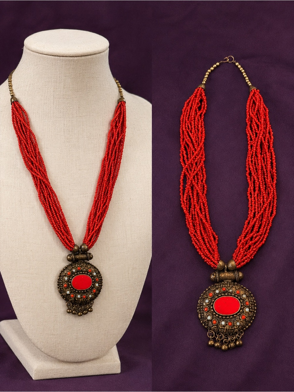 Vintage Red Beaded Statement Necklace Boho Tribal Style Pendant